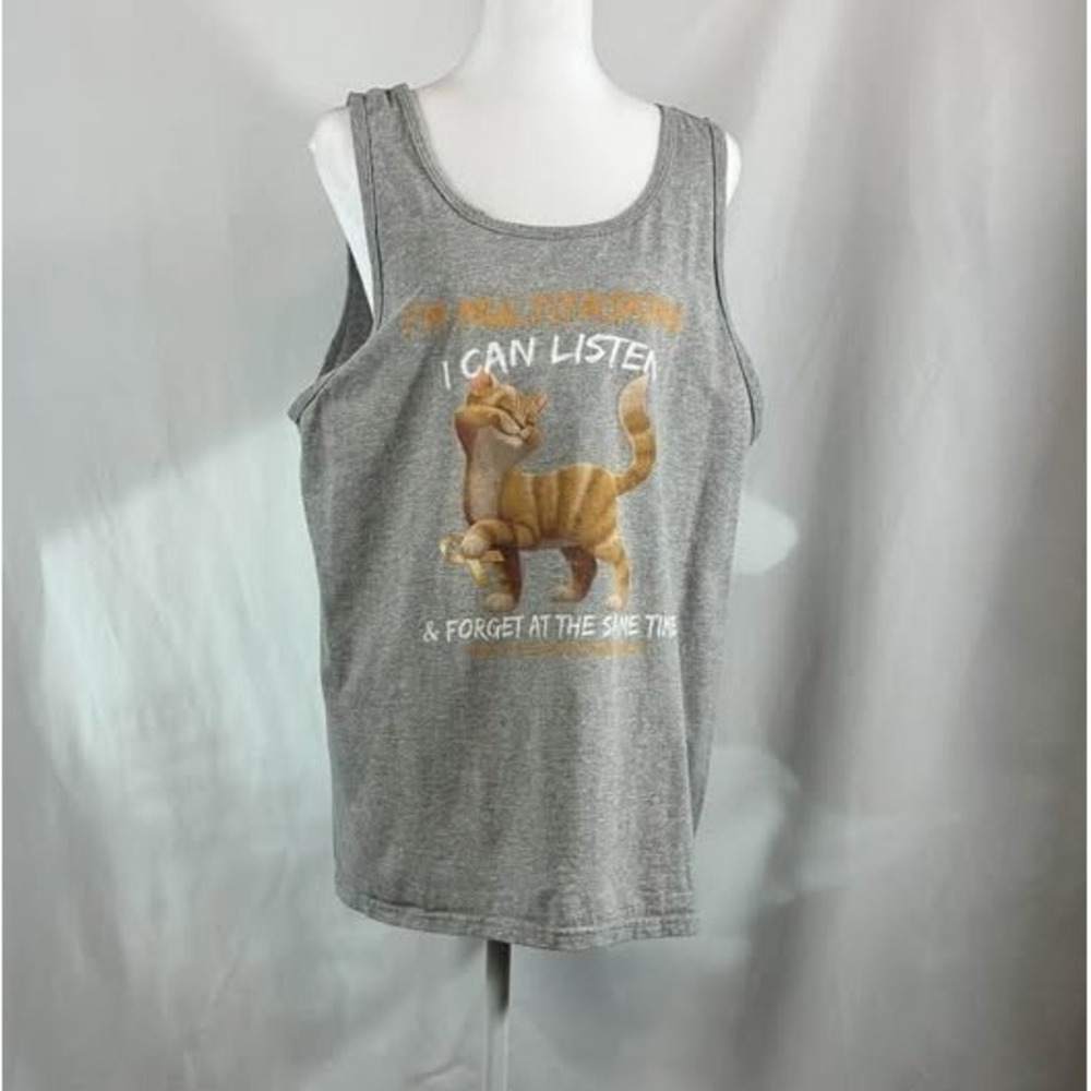 Funny Cat Graphic Tank Top Large Gray Multitasking Humor Sleeveless Shirt MS - Picture 2 of 9